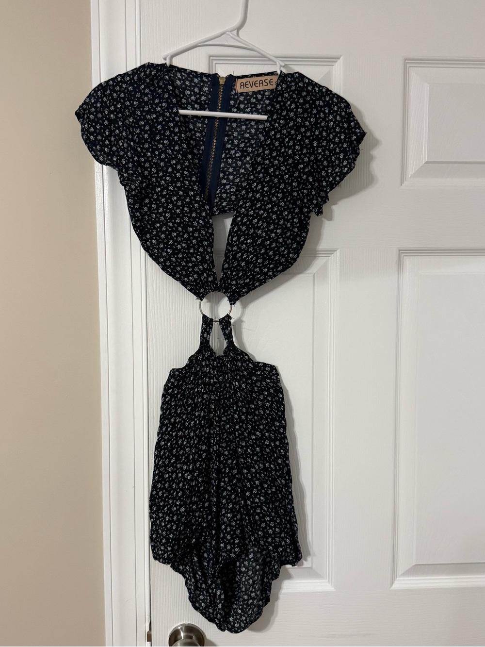 Reverse Navy Floral Cutout Jumpsuit with Ring Detail